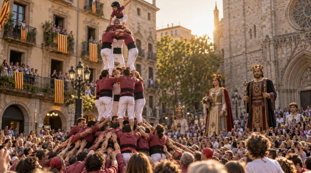 Castellers y gigantes durante una fiesta popular en Barcelona