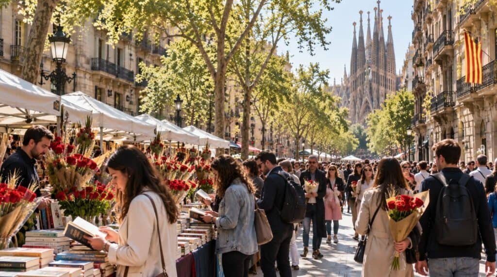 Celebración de Sant Jordi con libros y rosas en Barcelona