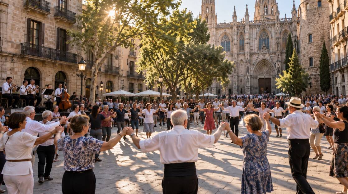 Tradiciones de Barcelona en una plaza durante una celebración popular
