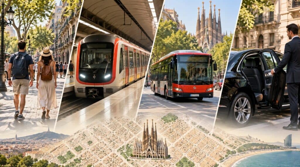 Viajeros con equipaje organizando su transporte en Barcelona